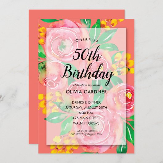 ブライトウォーター色フローラ誕生日招待状 (正面/裏面)