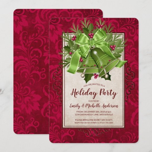 ブライトエレガントグリーンクリスマスベルズホリデーパーティー 招待状 (正面/裏面)