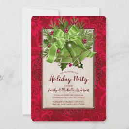 ブライトエレガントグリーンクリスマスベルズホリデーパーティー 招待状