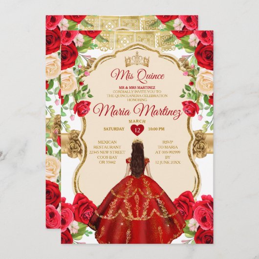 ブライトエレガントレッドローゼスプリンセスキンセアニラ 招待状 (正面/裏面)