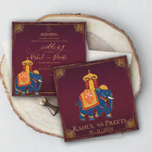 ブライトエレガントレッド金ゴールドインディアン結婚式招待状