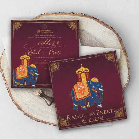 ブライトエレガントレッド金ゴールドインディアン結婚式招待状