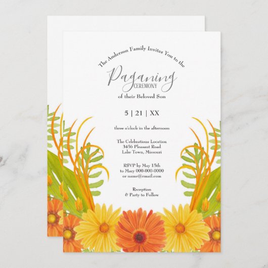 ブライトオレンジデイジー男の赤ちゃん異教式 招待状 (正面/裏面)