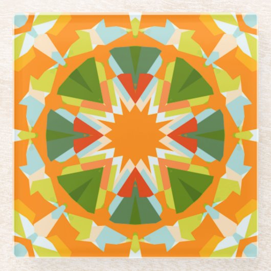 ブライトオレンジ鮮やかグリーンスターボーホマクシマリスト ガラスコースター (正面)