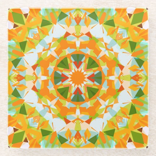 ブライトオレンジ鮮やかグリーンスターボーホマクシマリスト ガラスコースター (正面)