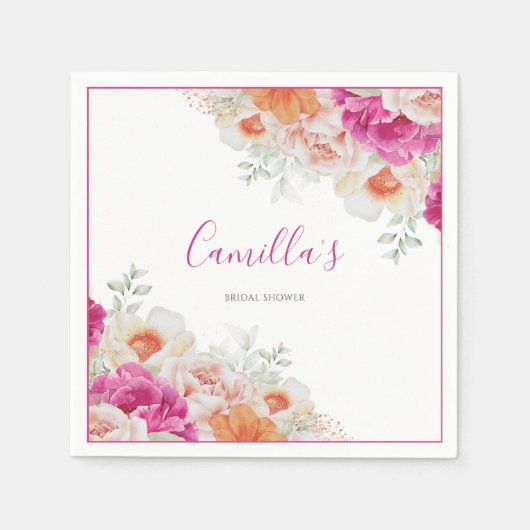 ブライトオレンジ&ピンクウォーターカラーフローラ紙 スタンダードカクテルナプキン (正面)