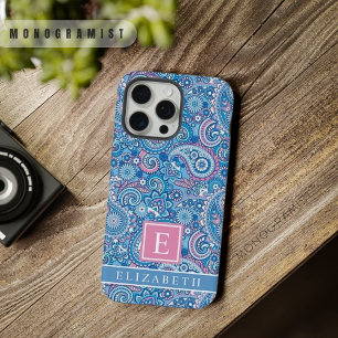 ブライトカスタマイズブルーブルーホワイトピンクペイズリーパテ iPhone 15 PRO MAXケース