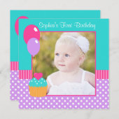 ブライトカップケーキ水玉模様ガール1歳の誕生日写真 招待状 (正面/裏面)