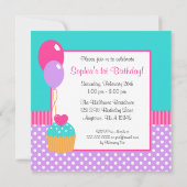 ブライトカップケーキ水玉模様ガール1歳の誕生日写真 招待状 (裏面)