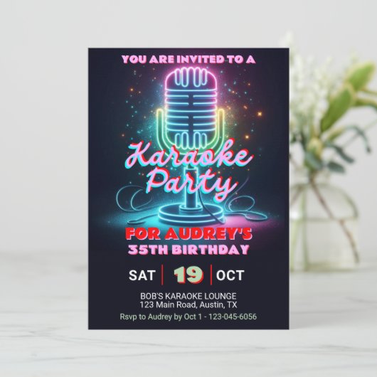 ブライトカラフルとカラオケテーマ任意の年齢誕生日 招待状 (スタンド正面)