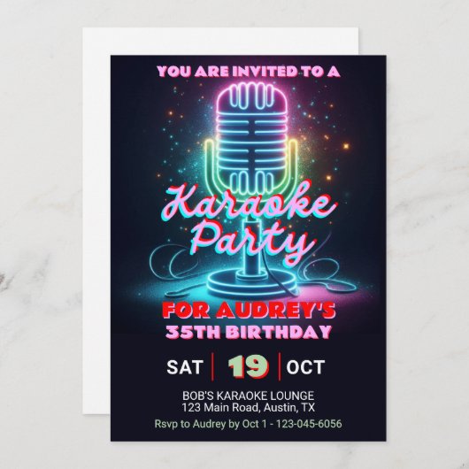 ブライトカラフルとカラオケテーマ任意の年齢誕生日 招待状 (正面/裏面)