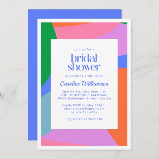 ブライトカラフルよくはしゃぐ抽象芸術ブライダルシャワー 招待状 (正面/裏面)