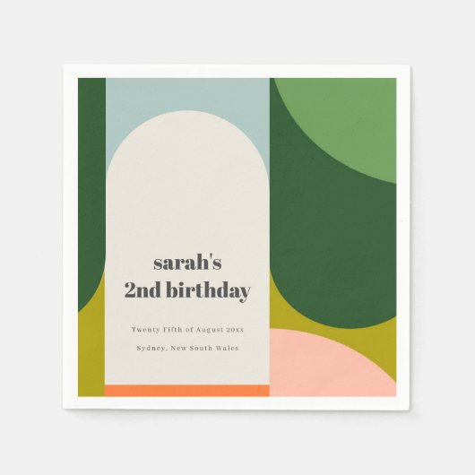 ブライトカラフルグルーヴィレトロアーチエイジ誕生日 スタンダードカクテルナプキン (正面)