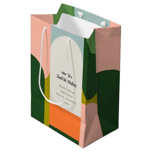 ブライトカラフルグルーヴィレトロアーチエイジ誕生日 ミディアムペーパーバッグ (正面アングル)