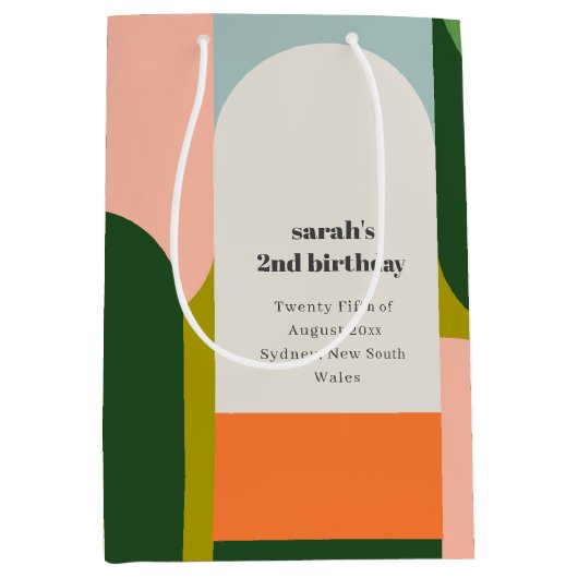 ブライトカラフルグルーヴィレトロアーチエイジ誕生日 ミディアムペーパーバッグ (正面)