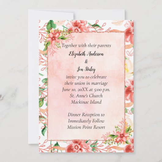 ブライトカラフルコーラルピーチフローラ招待状 招待状 (正面)