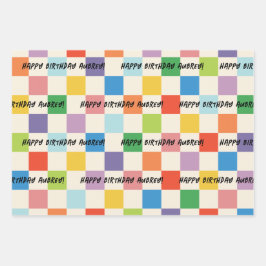 ブライトカラフルチェッカーボカスタムード誕生日 ラッピングペーパーシート
