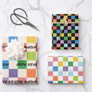 ブライトカラフルチェッカーボカスタムード誕生日 ラッピングペーパーシート
