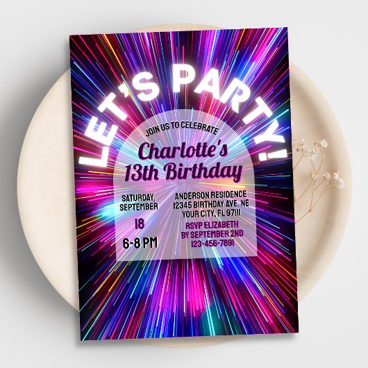 ブライトカラフルピンクネオングロー10代のガール誕生日 招待状