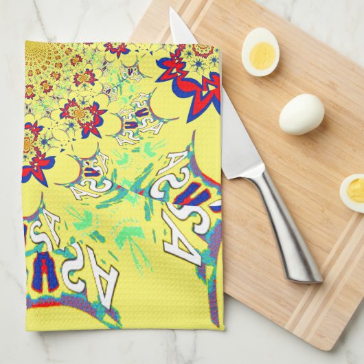ブライトカラフルフローラダマスクデザインアートプリント キッチンタオル (四つ折り)