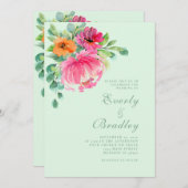 ブライトカラフルフローラピンク春サマー結婚ズ 招待状 (正面/裏面)