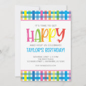 ブライトカラフルプレイドハッピーバースデーパーティー 招待状 (正面)