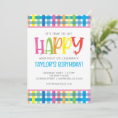 ブライトカラフルプレイドハッピーバースデーパーティー 招待状 (スタンド正面)