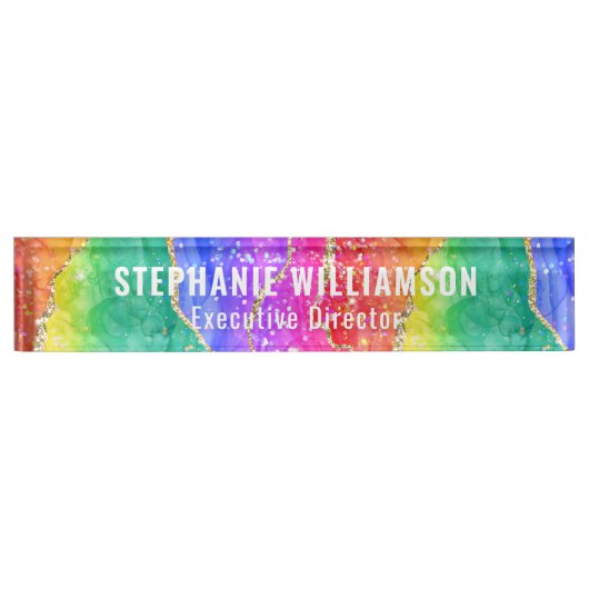 ブライトカラフルレインボーグリッター金ゴールド デスクネームプレート (正面)