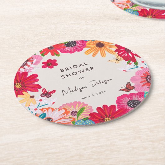 ブライトカラフルワイルドフラワーブライダルシャワー ラウンドペーパーコースター (アングル)