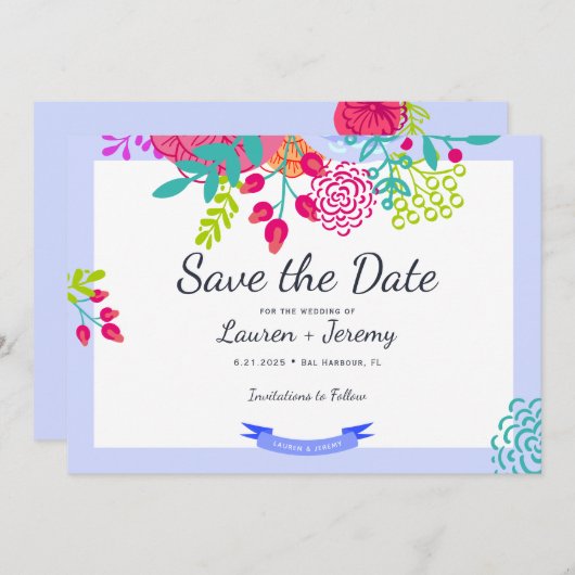 ブライトカラフル春はっきりしたフローラスケッチブーケ セーブザデート (正面/裏面)