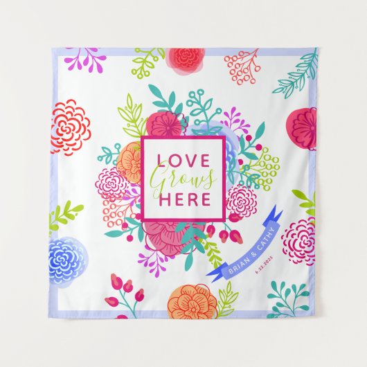 ブライトカラフル春はっきりしたフローラスケッチブーケ タペストリー (正面)