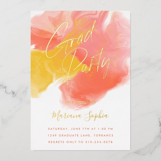 ブライトカラーウォッシュコーラルイエローグラードパーティー金ゴールド 箔招待状 (正面)
