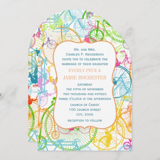 ブライトカラースタイライズドヴィンテージ結婚自転車 招待状 (正面/裏面)