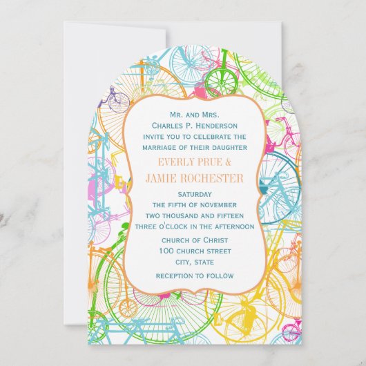 ブライトカラースタイライズドヴィンテージ結婚自転車 招待状 (正面)