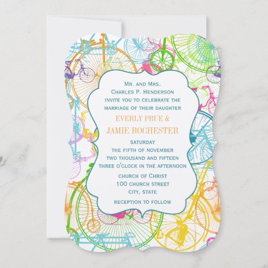 ブライトカラースタイライズドヴィンテージ結婚自転車 招待状 (正面)