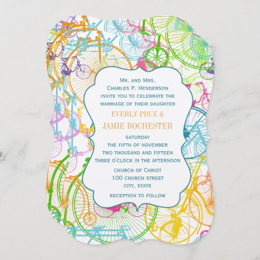 ブライトカラースタイライズドヴィンテージ結婚自転車 招待状 (正面/裏面)