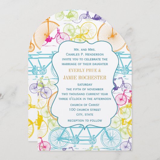 ブライトカラースタイライズドヴィンテージ結婚自転車 招待状 (正面/裏面)