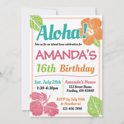 ブライトカラーズアイランドルアウ（ハワイ式宴会）誕生日パーティー 招待状 (正面)