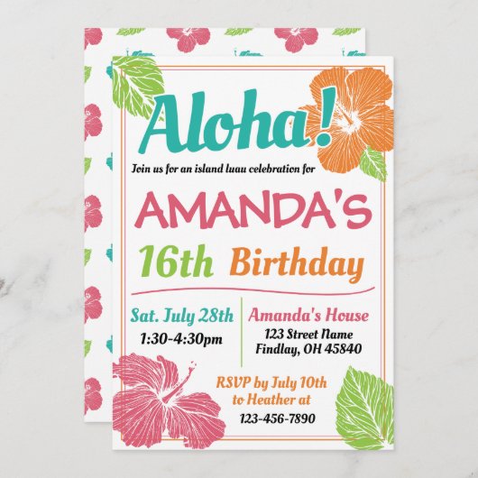 ブライトカラーズアイランドルアウ（ハワイ式宴会）誕生日パーティー 招待状 (正面/裏面)