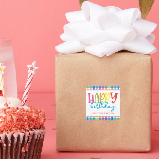 ブライトカラープレイドハッピーバースデーギフトエンクロージャー スクエアシール (パーティー)