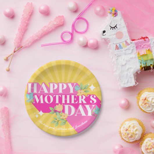 ブライトカラーレトロタイポグラフィハッピーマザーズ ペーパープレート (パーティー)