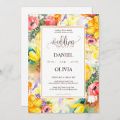ブライトカラーレトロフローラモダンゴールデン結婚ズ 招待状 (正面/裏面)