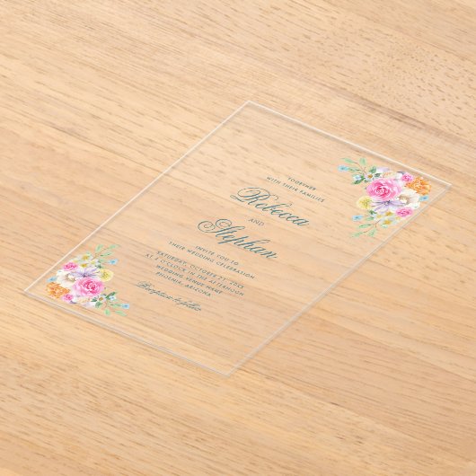 ブライトガーデンフローラパーティーウォーター結婚カラー アクリル招待状 (レイダウン)