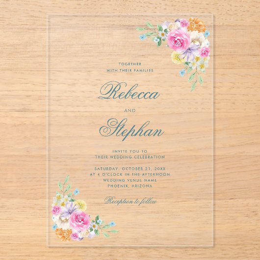 ブライトガーデンフローラパーティーウォーター結婚カラー アクリル招待状 (正面)