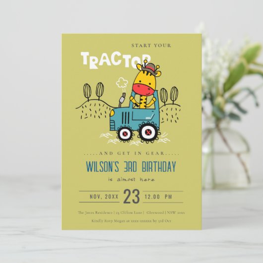ブライトグリーンキレーフインファームトラクターボーイズ誕生日 招待状 (スタンド正面)