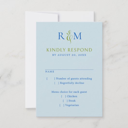 ブライトグリーンブルーシンプルモノグラムウェディングRSVP 出欠カード (正面)