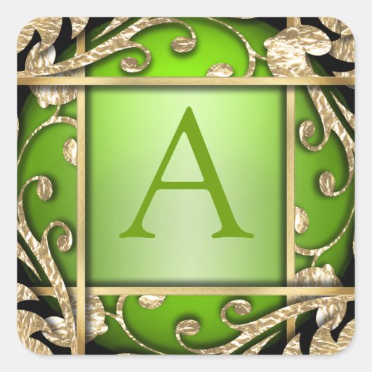 ブライトグリーン金ゴールド格子モノグラム封筒用シール スクエアシール (正面)