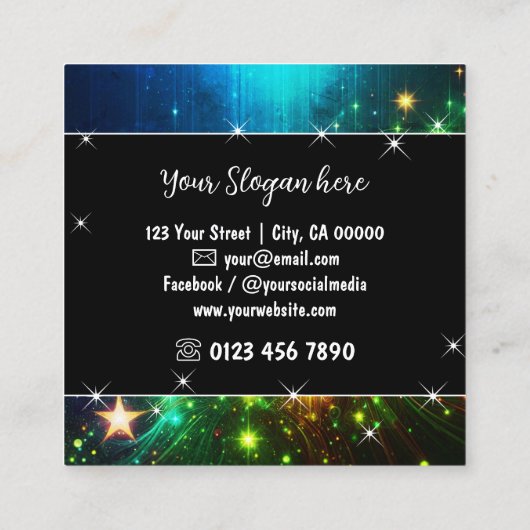 ブライトグリーン銀河系星空グリッターレインスターズ スクエア名刺 (裏面)