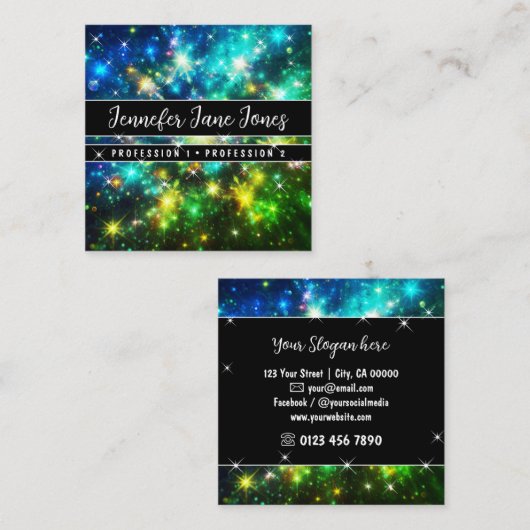 ブライトグリーン銀河系星雲グリッター星 スクエア名刺 (正面/裏面)