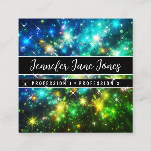 ブライトグリーン銀河系星雲グリッター星 スクエア名刺 (正面)